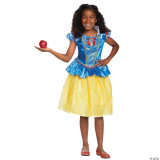 Disguise Snow White Classic Costume for Child, girl dressed as Snow White holding a red apple with a bright smile.
