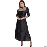 Disguise Witcher Yennefer Classic Adult Costume, a woman in a long black dress with Gothic lace sleeve detail and a fitted bodice, suitable for Halloween or cosplay events.