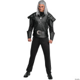 Disguise Witcher Geralt Classic Costume- Adult, man in black armor-style superhero costume with silver hair and pose.