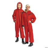Disguise Money Heist Adult Costume, red jumpsuits with black details and masks, suitable for cosplay or themed parties.