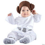 JazWares Princess Leia™ Infant Costume, adorable baby wearing a white costume with gray belt details and a brown Princess Leia™ hat with side buns.