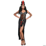 DreamGirl Women's Voo Doo Priestess Costume, a woman wearing a black and leopard print dress with tribal and skull details, accessorized with feather headdress, jewelry, and high heels.