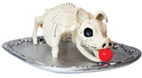 Seasons USA Roasted Pig Platter, decorative pig skull sculpture with a red ball in its mouth on a silver tray.