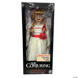 Trick or Treat Studios Annabelle Prop - Annabelle, detailed doll with a smiling face, wearing a vintage white dress with red accents, inside a branded display box.