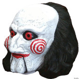 Trick or Treat Studios Billy Puppet Mask - SAW, detailed white horror mask with red spiral cheeks, red eyes, black hair, and sinister expression.