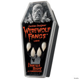 Dracula House Werewolf Fangs, large werewolf fangs for costumes displayed in clear packaging with a black and silver design and a spooky werewolf illustration.