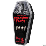 Dracula House Dracula Fangs, chrome double upper Halloween costume fangs in black and silver packaging with a vampire face graphic.
