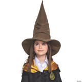 Disguise Sorting Hat Classic (4+) - Child, a young girl wearing a large, brown, pointed wizard hat with a wide brim and a storybook-style design.