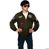 Underwraps Navy Top Gun Pilot Jacket Child Costume, child model wearing a dark navy bomber jacket with Top Gun patches and sunglasses.