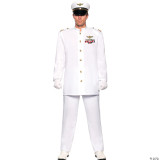 Underwraps Navy Admiral Costume Deluxe, a man in a white naval officer uniform with gold accents, medals, and a white cap with navy insignia, full-body shot.
