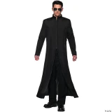 Underwraps Off The Grid Adult Costume, a stylish black long coat with a zipper, paired with black pants and shoes, worn by a male model with sunglasses for a sleek, contemporary look.
