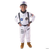 Aeromax Apollo 11 Astronaut Suit - Child, a young boy wearing a white space costume with NASA patches and patches of Apollo 11, standing confidently with hands on hips.