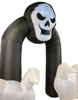 Product A Holiday Company 13' Reaper Archway Inflatable, large black inflatable arch with a white skull face at the top, used for Halloween decorations or parties.