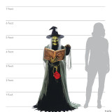 Seasonal Visions 5' Animated Spell-Speaking Witch, a life-sized Halloween decoration with a green face, long gray hair, a black pointed hat, and a black and gray tattered dress, holding a book with a talking feature.