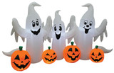 Morris Ghosts With Pumpkins 8' Wide Inflatable, festive Halloween inflatable displays with three laughing ghost figures and four orange pumpkin decorations with green stems.