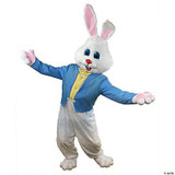 Fantasy Costumes Easter Bunny with Jacket and Faux Vest, person in a large white bunny costume with pink accents, dressed in a blue jacket and yellow shirt, holding out arms in a welcoming pose.