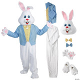 Fantasy Costumes Easter Bunny with Jacket and Faux Vest, costume includes a large bunny head, blue jacket, yellow vest, white pants, pink paw gloves, and bunny slippers.
