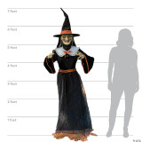 Product Seasonal Visions 7' Animated Whimsical Witch, life-size Halloween themed witch figure with a detailed face, black pointed hat with orange band, black dress with orange accents, and a long black and orange skirt, standing approximately 7 feet tall.