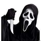 Fun World Scream Ghost Face Mask with Knife, frightening mask with white face, black hooded costume, and a plastic knife in hand for Halloween or horror costume