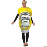 Rasta Imposta Heinz Mustard Squeeze Bottle Adult Costume, a woman wearing a costume designed to look like a Heinz mustard squeeze bottle, featuring bright yellow and white colors with a detailed label graphic.