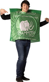 Rasta Imposta Mammoth Condom Costume, a person wearing a large green trash bag styled as a mammoth condom costume with a smiling face.