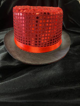Fantasy Costumes Sequin Top Hat - Red, a stylish red glittery top hat with a sequin pattern and satin ribbon, perfect for costumes and dress-up events.