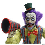 Seasonal Visions 6 ft. Servo Carnival Barker, a creepy clown with purple hair and a menacing expression holding a loudspeaker.