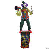 Seasonal Visions 6 ft. Servo Carnival Barker, a spooky clown figure with purple hair, a white face with dark makeup, holding a megaphone and a cane, positioned on a stand for Halloween or carnival décor.