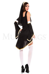 Music Legs Sinfully Hot Nun - Woman's costume, featuring a black and white nun-inspired outfit with a hood, long sleeves, and white thigh-high stockings paired with black high heels.