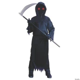Fun World Unknown Phantom Fade In & Out Costume- Child, a spooky child's costume featuring a black hooded cloak, a creepy mask with glowing red eyes, and a scythe prop for Halloween or themed party dress-up.