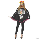 Fun World Day of the Dead Poncho Costume, woman in black poncho with skeleton and floral Day of the Dead motifs, colorful face paint and floral headband.