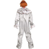 Fun World Carnevil Killer Clown Kids Costume, a scary clown costume with a white pinstripe jumpsuit, large collar with red accents, and wild orange wig, designed for children.