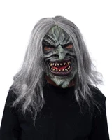 Zagone Speaking Of Witch Latex Mask, realistic witch-like monster mask with long gray hair, green skin, angry expression, and sharp yellow teeth.