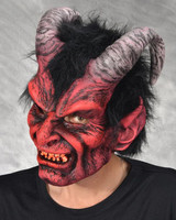Zagone Diablo, Devil Krampus Mask featuring demonic red skin, twisted horns, and exaggerated facial features with black hair and pointed ears, perfect for Halloween costumes or horror-themed events.