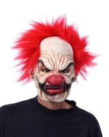 Zagone Super Clown Supersoft Evil Clown Latex Face Mask, featuring a detailed clown face with exaggerated red nose, black makeup accents, and wild bright red hair.