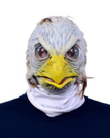 Zagone American Pride Eagle Bird Latex Mask with Moving Mouth, realistic bird mask with feathers, large eyes, and yellow beak, worn by a person in dark clothing and white scarf.