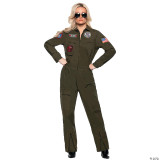 Underwraps Top Gun Woman's Jumpsuit, green military-style jumpsuit with patches and badges, worn by a woman with blonde hair and sunglasses.