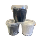 Fantasy Costumes Foam Clay 10oz, three plastic containers of foam clay in black, white, and blue colors.
