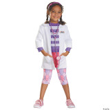 Disguise Doc McStuffins™ Child Costume Deluxe, young girl dressed as a doctor with a white coat, purple and pink scrubs, a stethoscope, and a pink headband.