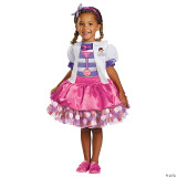 Disguise Doc McStuffins Deluxe Child Costume, girl dressed as a doctor with a pink skirt, white coat, striped top, and pink shoes, suitable for dress-up and Halloween.