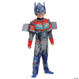 Disguise Transformers Optimus Prime T7 Muscle Toddler Costume, a child dressed in a detailed Transformers Optimus Prime themed costume with a helmet and muscles suit designed for kids.