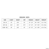 Disguise Classic Ink Bendy Costume - Child, size chart for boys' costumes with measurements for chest, waist, hip, inseam, height, and weight.