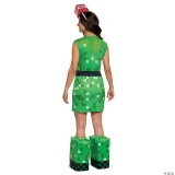 Disguise Minecraft Creeper Women's Adult Costume, woman dressed in a pixelated green Creeper dress with matching Creeper block shoes and a TNT hat, perfect for themed parties and Halloween.