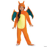 Disguise Pokémon Charizard Deluxe Costume - Child, a girl wearing an orange and yellow dragon-themed costume with wings and a dragon head hood, suitable for kids' cosplay and Halloween parties.
