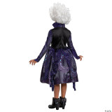 Disguise Little Mermaid Ursula Deluxe Costume - Child, back view of a child in an Ursula cosplay costume featuring a purple and black dress with an attached cape and white wig.