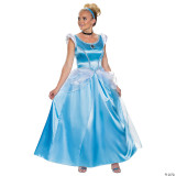 Disguise Cinderella Deluxe Costume - Adult, an elegant blue satin ball gown with white accents, puffy sleeves, and a fitted bodice, designed for adult women to resemble Cinderella from fairy tales.