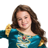 Disguise Brave Merida Costume- Child, young girl dressed as Merida from Brave with a blue and gold dress, long curly brown hair, and a charming smile.