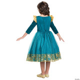 Disguise Brave Merida Costume- Child, Child girl wearing a blue princess dress with gold accents, ruffled shoulder details, and a glittery skirt. 