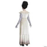 Disguise Bride of Frankenstein Deluxe Costume - Adult, back view of a woman wearing a vintage-style Bride of Frankenstein dress with a long, flowing skirt, layered top with shoulder ruffles, striped long sleeves, and a white hairpiece costume accessory.