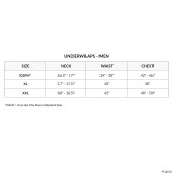 Underwraps Groovy Sixties Costume - Blue, image of the costume's sizing chart for men's underwear, showing size options and measurements for neck, waist, and chest.